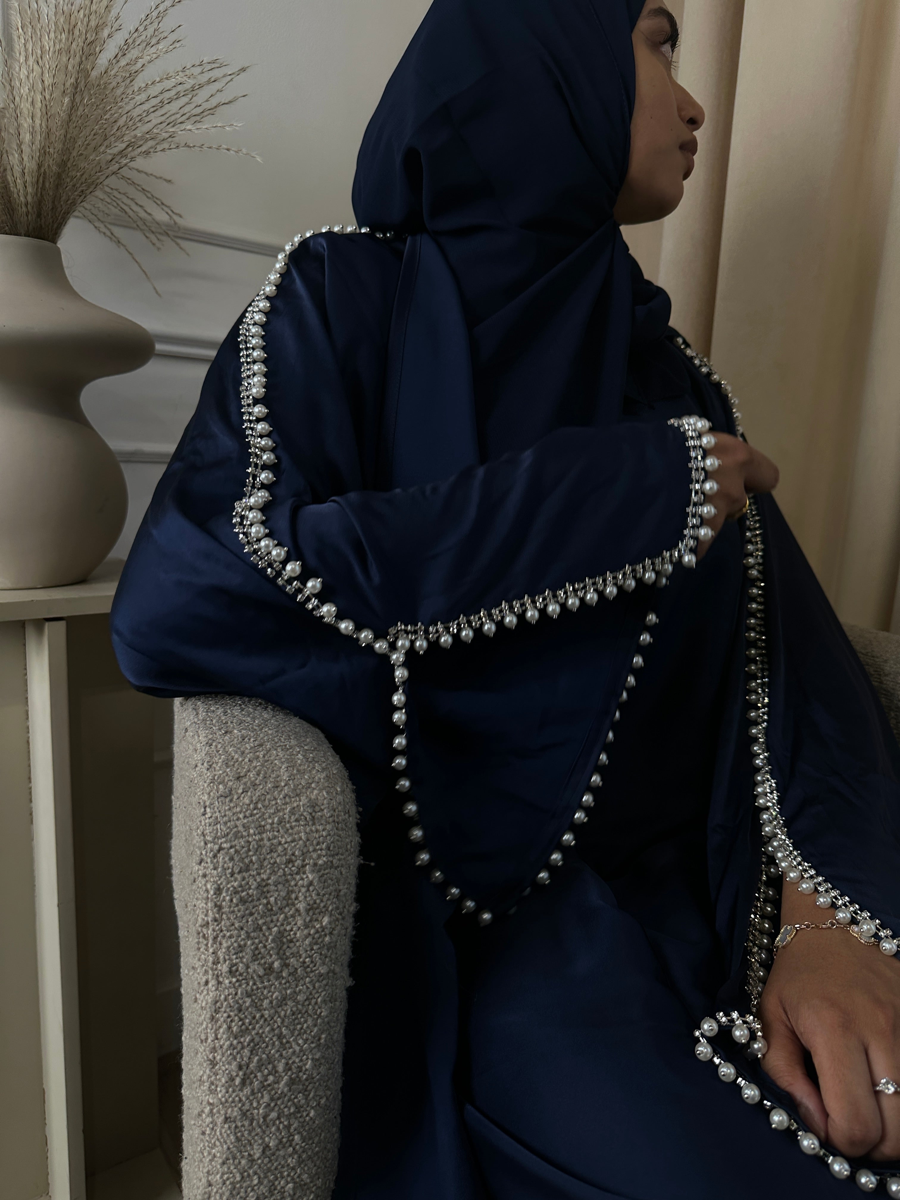 NAVY BLUE Satin Pearl Abaya