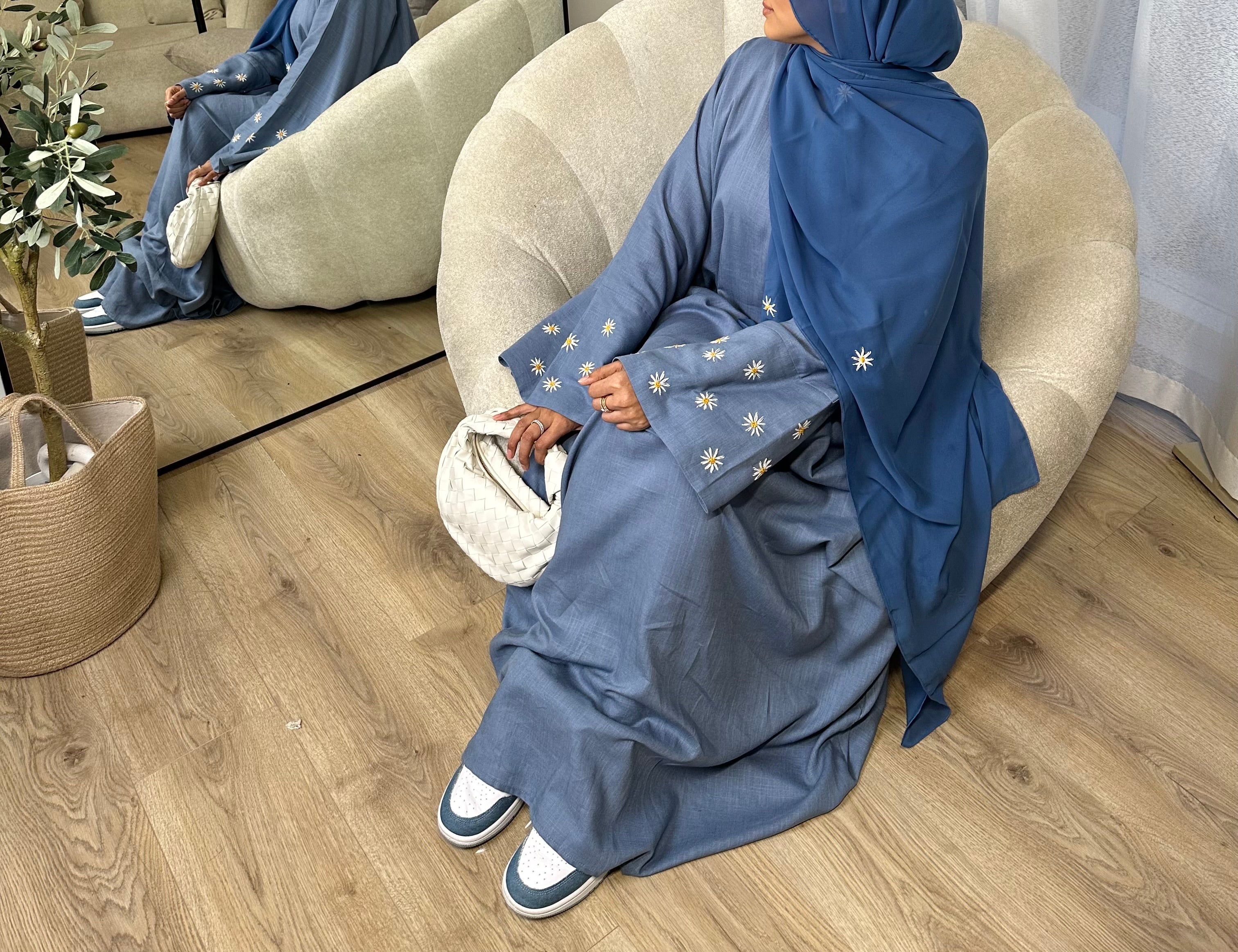Denim Blue Linen Daisy Abaya