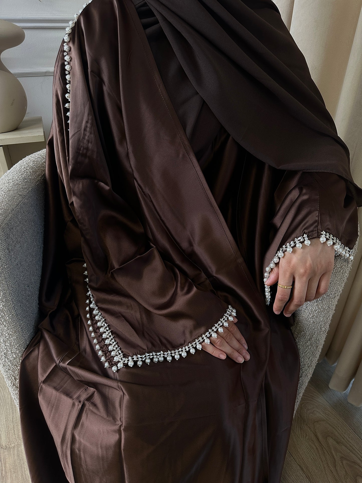 DARK BROWN SATIN PEARL ABAYA