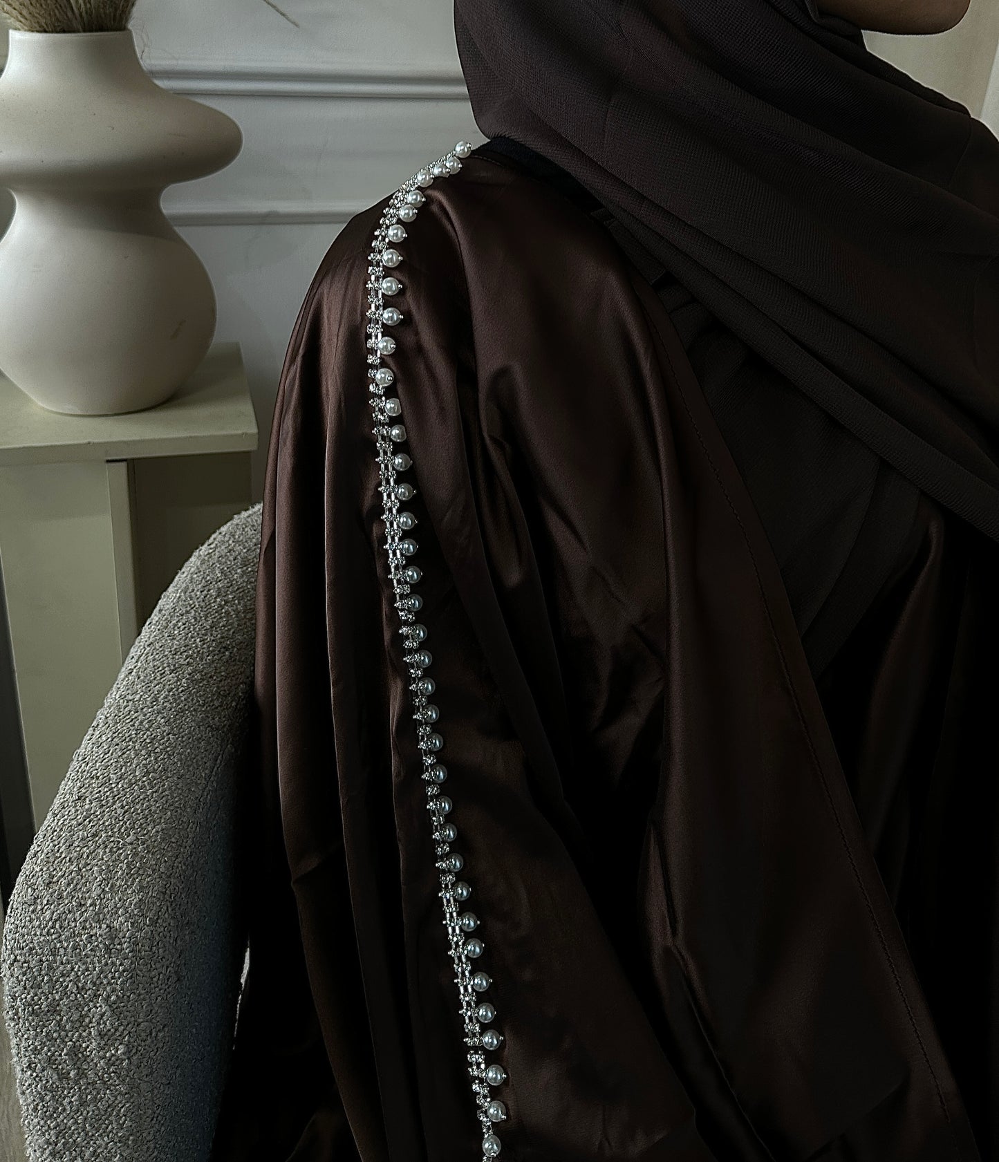 DARK BROWN SATIN PEARL ABAYA