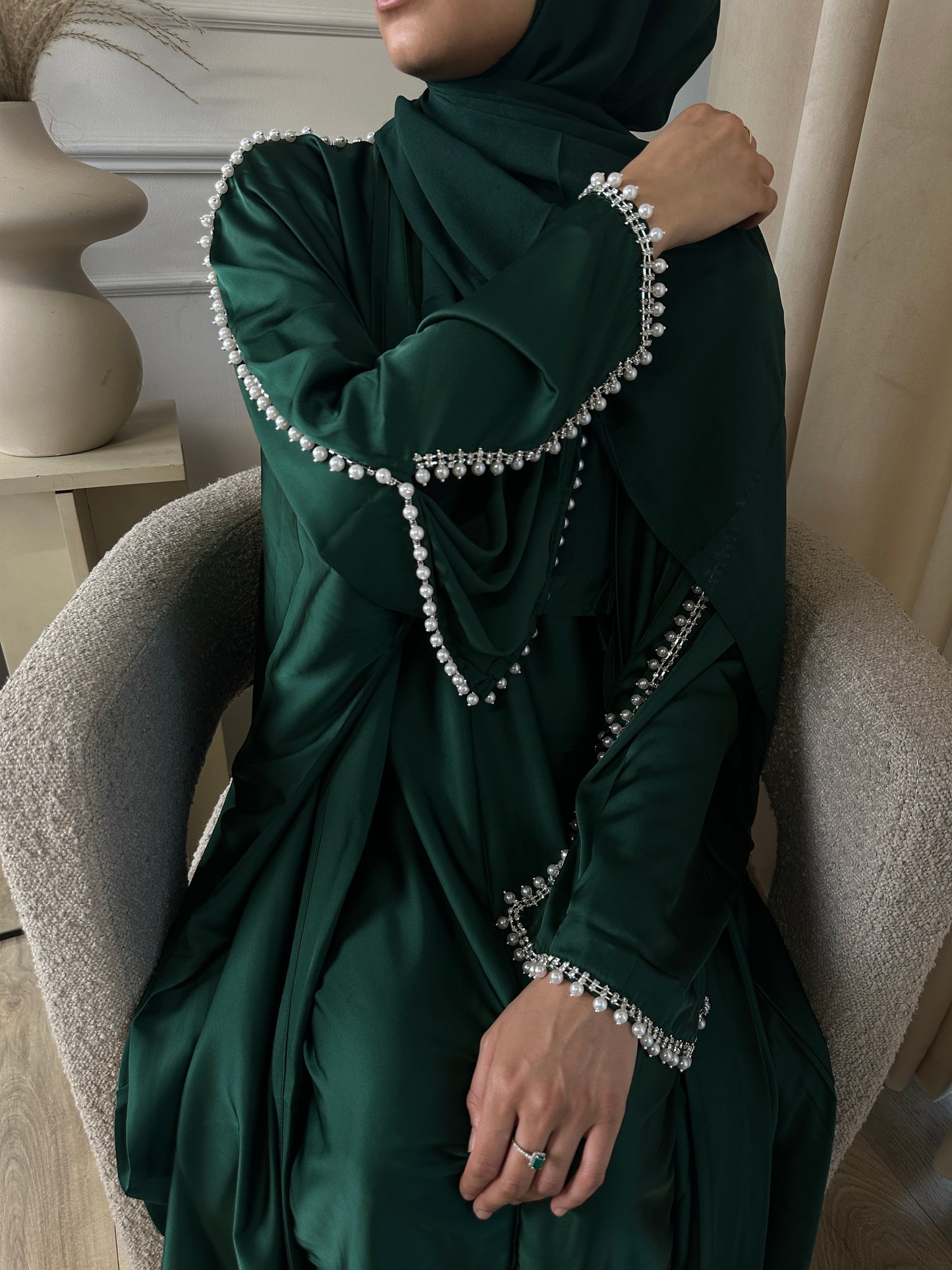 EMERALD GREEN Satin Pearl Abaya