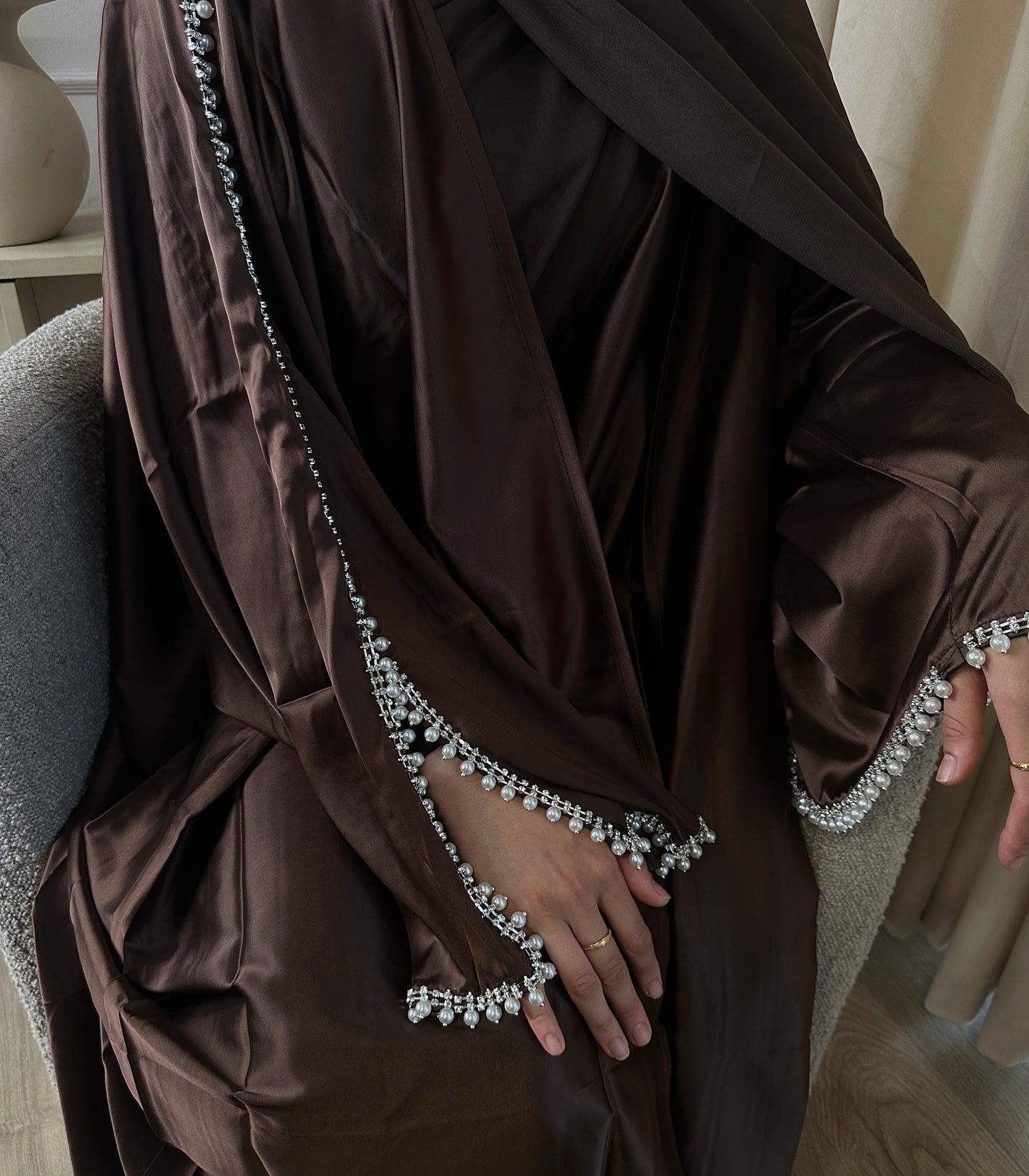 DARK BROWN SATIN PEARL ABAYA