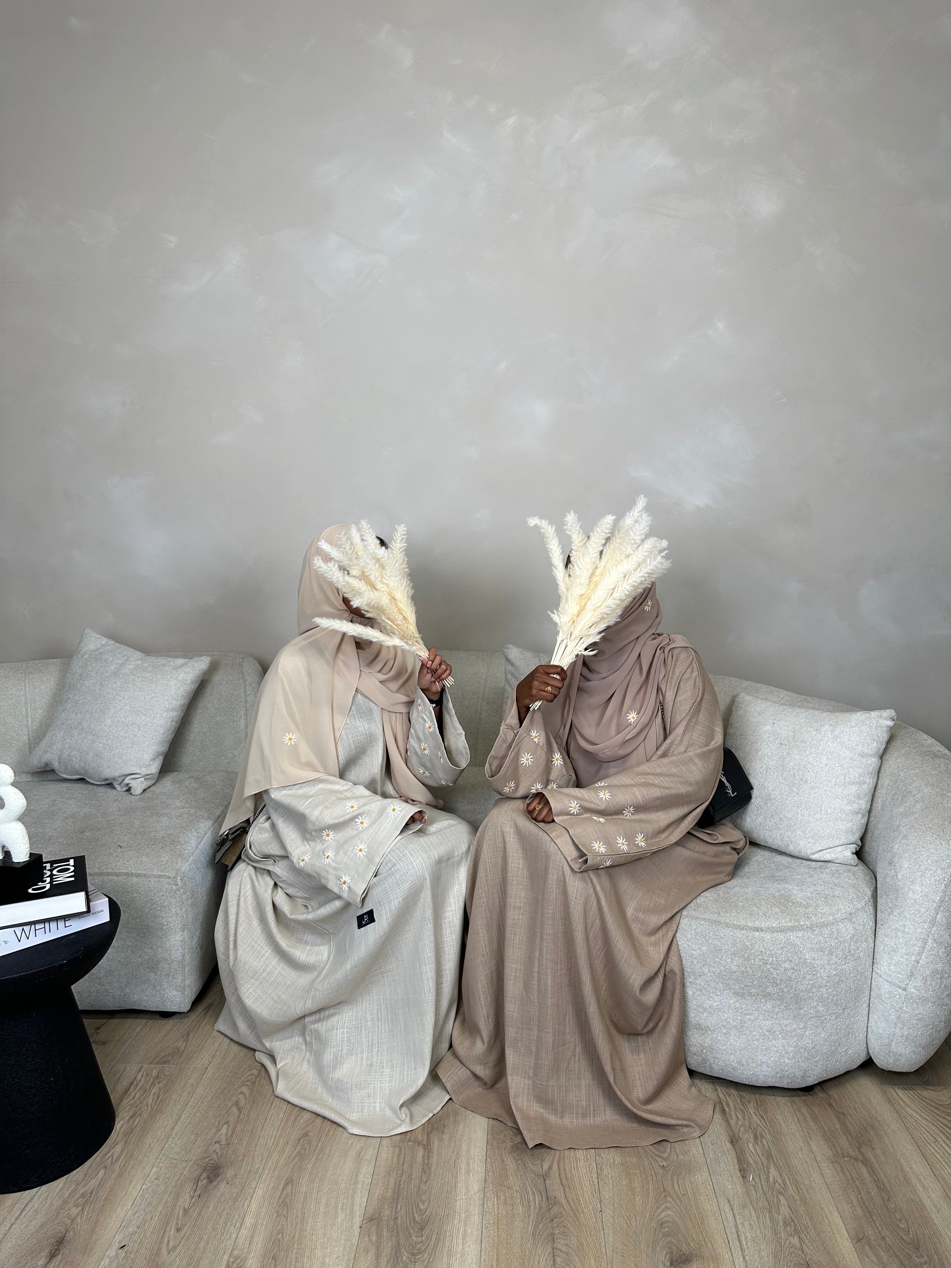 Beige Daisy Linen Abaya
