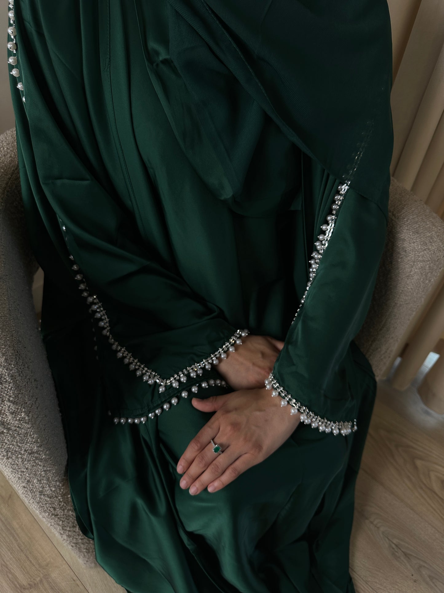 EMERALD GREEN Satin Pearl Abaya