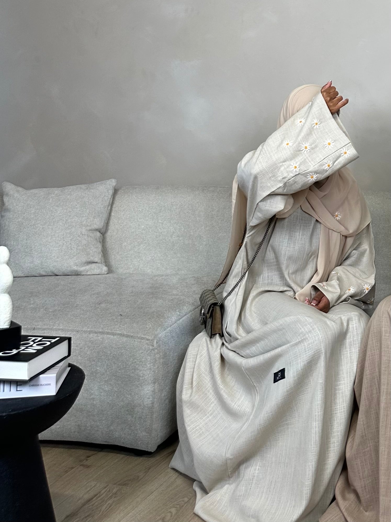 Beige Daisy Linen Abaya
