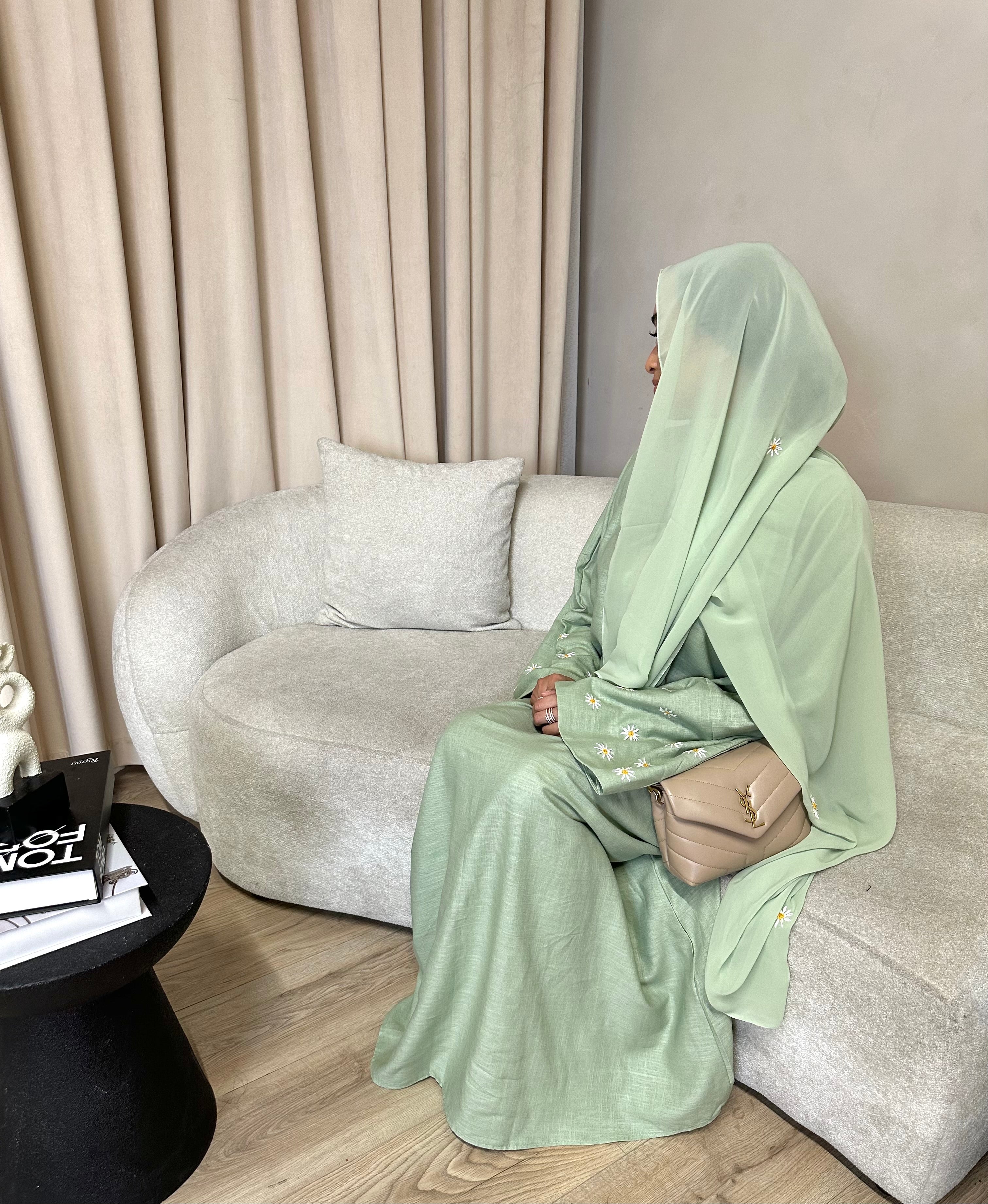 Pistachio Daisy Linen Abaya