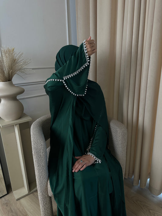 EMERALD GREEN Satin Pearl Abaya